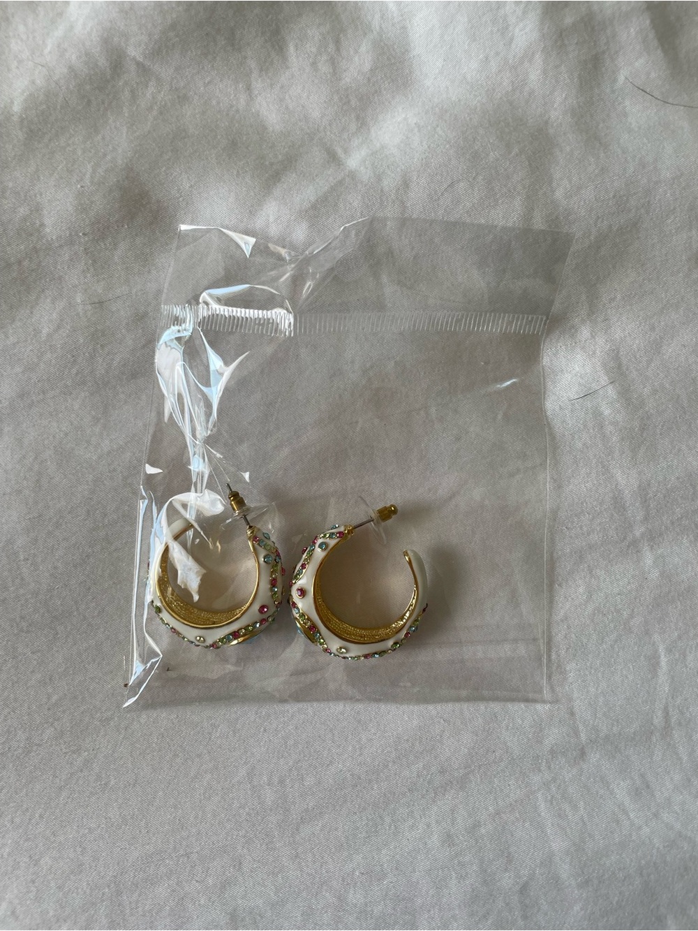 Gold-Tone White Enamel Hoop Earrings with Multicolor Accents